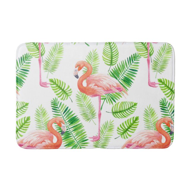 Flamingos and tropical leaves bath mat (Front)
