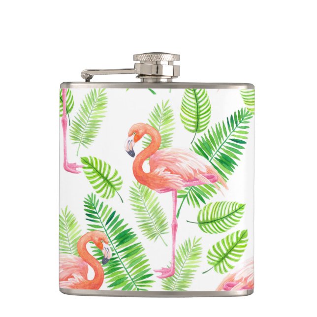 Flamingos and tropical leaves hip flask (Front)
