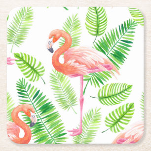 Flamingos and tropical leaves square paper coaster