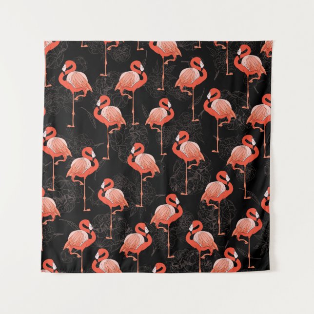 Flamingos Birds: Vintage Textile Design Tapestry (Front)