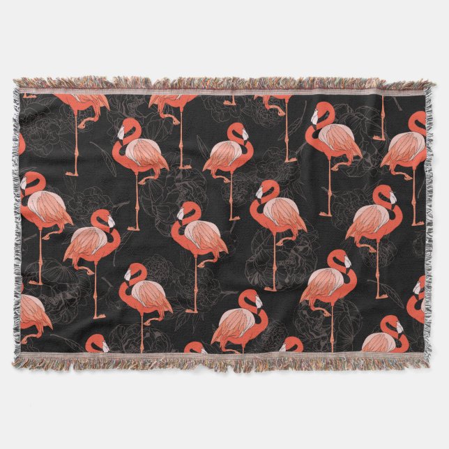 Flamingos Birds: Vintage Textile Design Throw Blanket (Front)