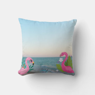 Flamingos by the Ocean with Tropical Blooms Cushion