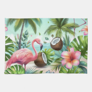 Flamingos & Coconuts Pattern Tea Towel