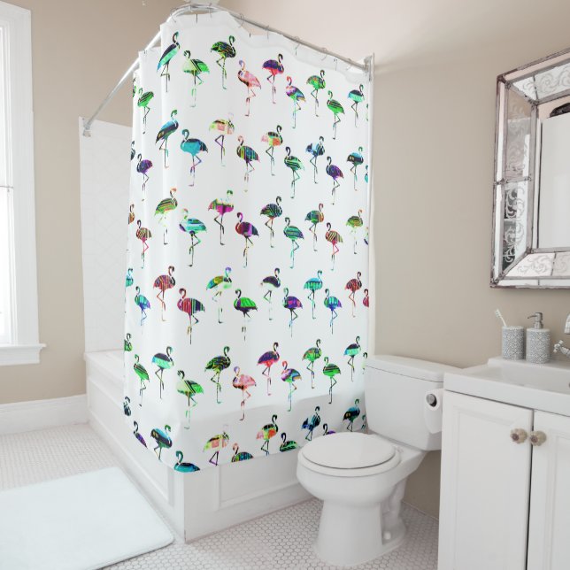 Flamingos Colourful Whimsical Pattern Shower Curtain (In Situ)