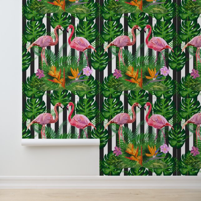 Flamingos Dark Grunge Stripe Flowers Greenery      Wallpaper (Application)