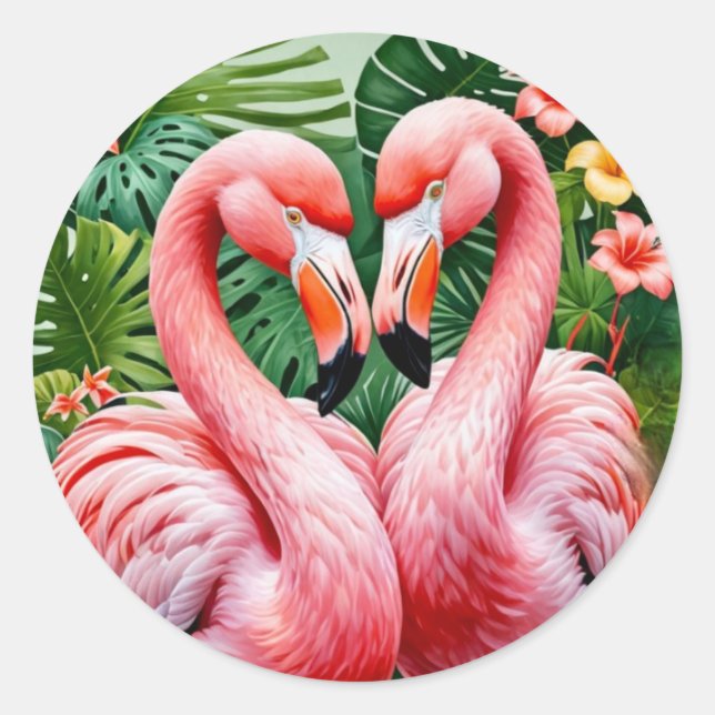 flamingos flamingo pink tropical love summer classic round sticker (Front)