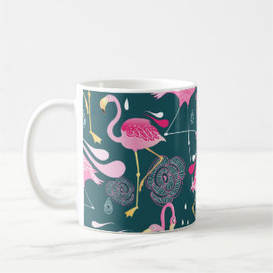 Flamingos Flowers: Dark Graphic Seamless. Coffee Mug