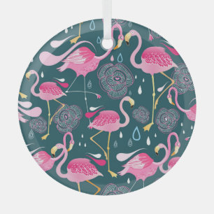 Flamingos Flowers: Dark Graphic Seamless. Glass Tree Decoration