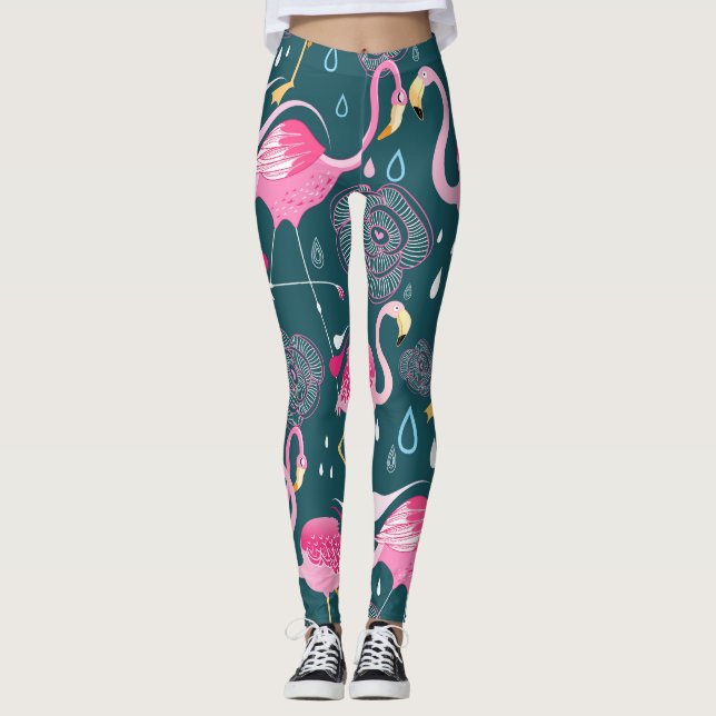 Flamingos Flowers: Dark Graphic Seamless. Leggings (Front)