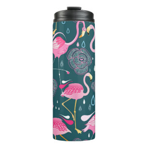 Flamingos Flowers: Dark Graphic Seamless. Thermal Tumbler