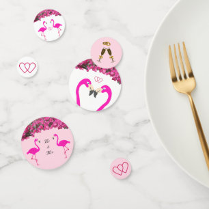 Flamingos & flowers on rose gold & white wedding confetti