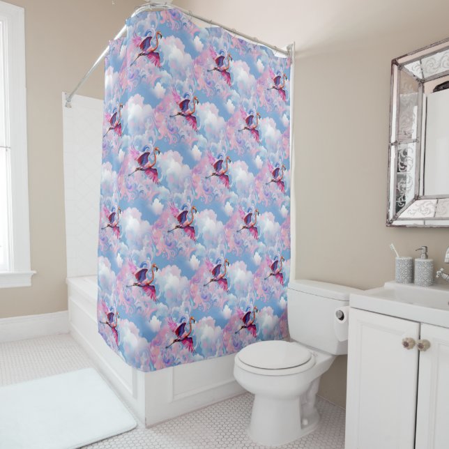 Flamingos Flying Whimsical Retro Pattern Shower Curtain (In Situ)
