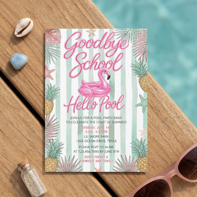 Flamingos Goodbye School Hello Pool Stripe Invite (Creator Uploaded)