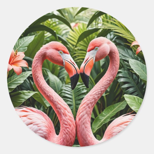 Flamingos in Heart Shape  – Tropical Pink LOVE Classic Round Sticker (Front)
