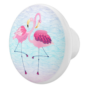 Flamingos In Love Abstract Stylised Water Waves Ceramic Knob