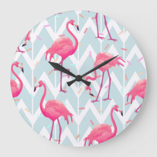 Flamingos Light Grey: Vintage Tropical. Large Clock