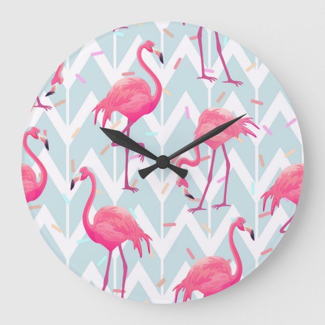 Flamingos Light Grey: Vintage Tropical. Large Clock (Front)