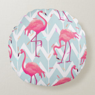 Flamingos Light Grey: Vintage Tropical. Round Cushion