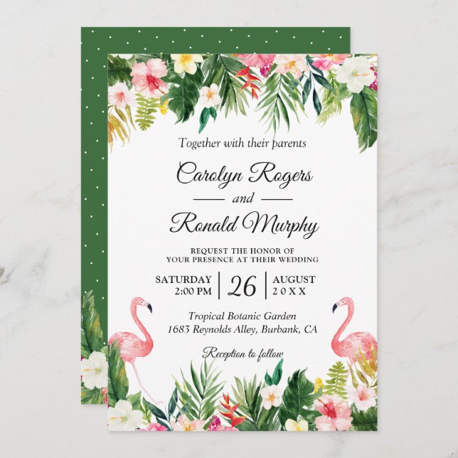 Flamingos Love Tropical Palm Leaves Floral Wedding Invitation (Front/Back)