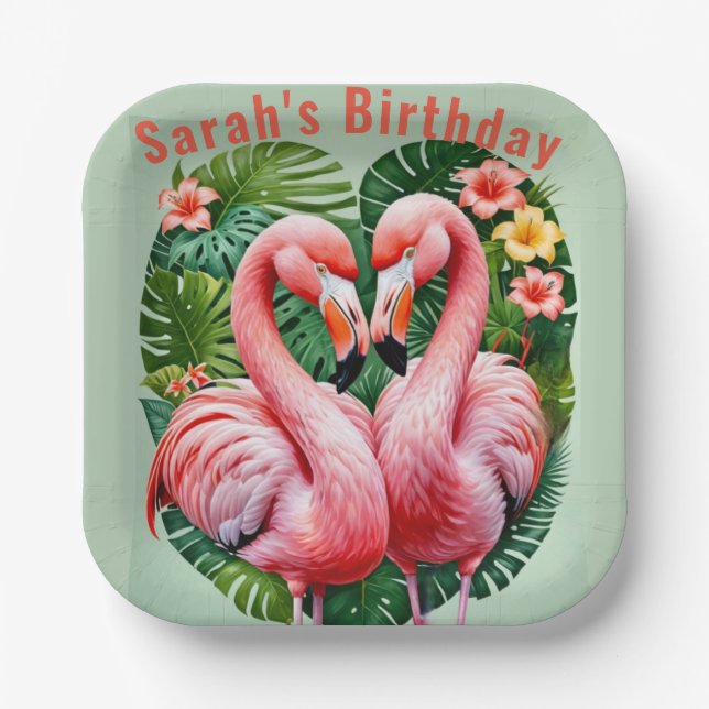 flamingos necks pink heart tropical custom paper plate (Front)