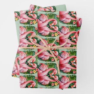 flamingos necks pink heart tropical love vintage wrapping paper sheet