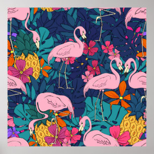 Flamingos on a background of tropical leaves and f poster