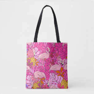 Flamingos on a background of tropical leaves and f tote bag