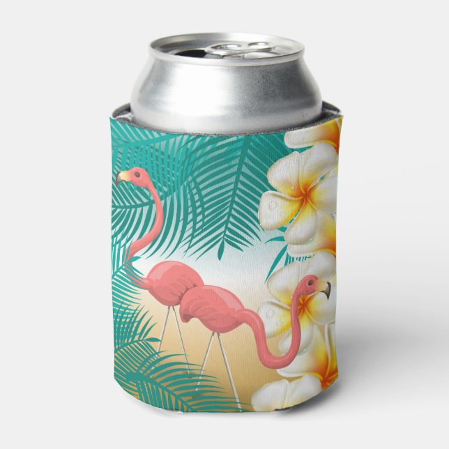 Flamingos on a Teal Tropical Beach Design Can Cooler (Can Front)