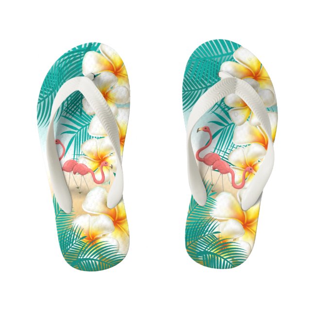 Flamingos on a Teal Tropical Beach Design Kid's Jandals (Footbed)