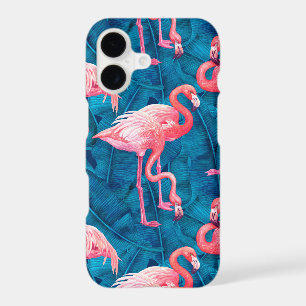 Flamingos on blue banana leaves