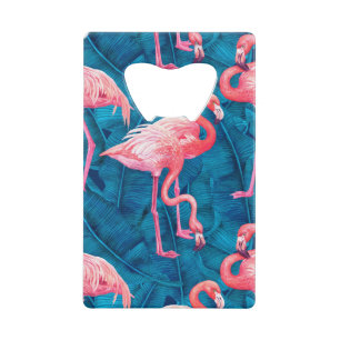 Flamingos on blue banana leaves