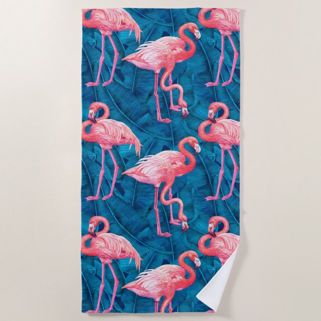 Flamingos on blue banana leaves beach towel (Front)