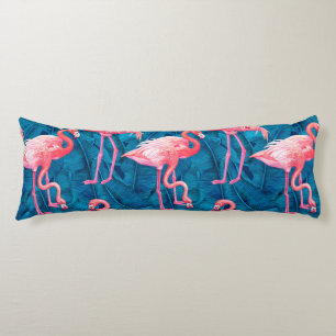 Flamingos on blue banana leaves body cushion