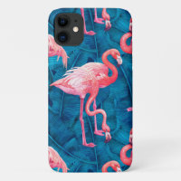 Flamingos on blue banana leaves