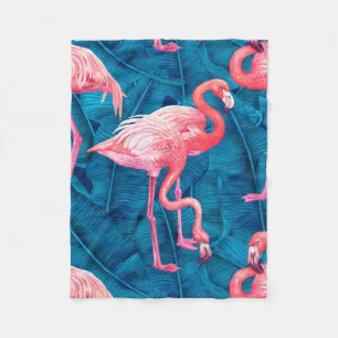 Flamingos on blue banana leaves fleece blanket