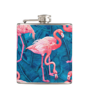Flamingos on blue banana leaves hip flask
