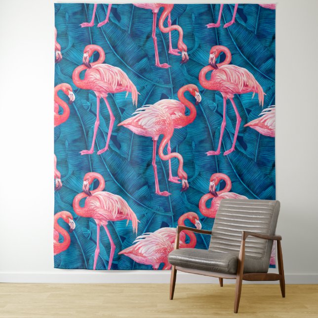 Flamingos on blue banana leaves tapestry (In Situ)