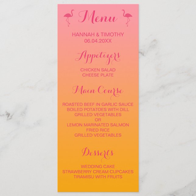 Flamingos On Pink And Orange Tropical Wedding Menu (Front)