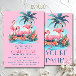 Flamingos on the Beach Birthday Tropical Summer Invitation