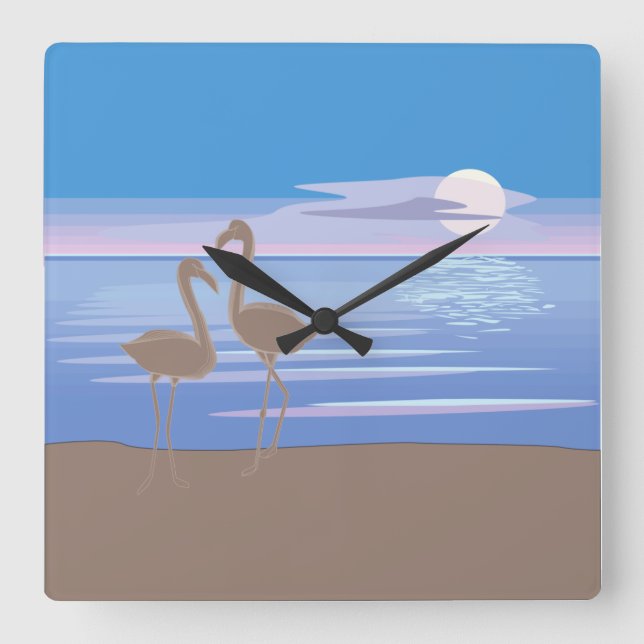 Flamingos on the Beach Square Clock (Front)