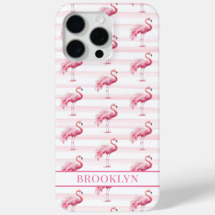 Flamingos on Watercolor Stripes Monogrammed iPhone 15 Pro Max Case