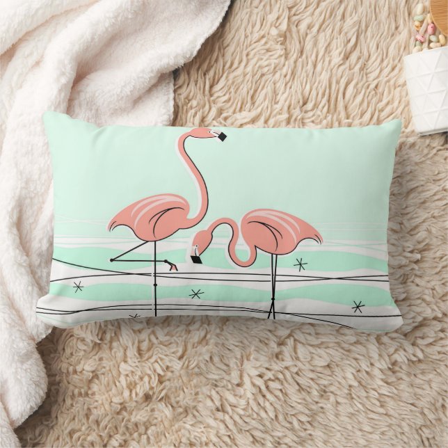 Flamingos Pair Aqua coral check back lumbar Cushion (Blanket)