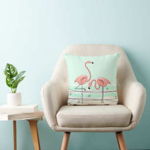 Flamingos Pair Aqua coral check back square Cushion