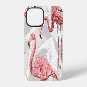 Flamingos, palm leaves: vintage pattern. iPhone 12 case