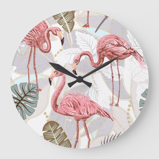 Flamingos, palm leaves: vintage pattern. large clock (Front)