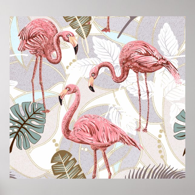 Flamingos, palm leaves: vintage pattern. poster (Front)