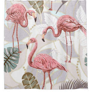 Flamingos, palm leaves: vintage pattern. shower curtain