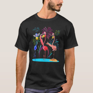 Flamingos Party Us Flag With Glasses Firework July T-Shirt