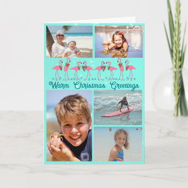 Flamingos Photo Collage Folded Christmas Holiday Card (Front)