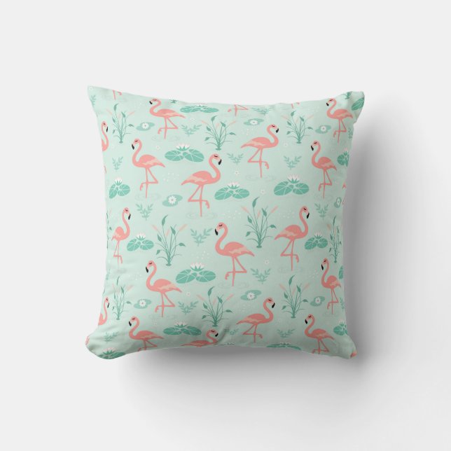 Flamingos Pink Green Tropical Birds Cushion (Front)